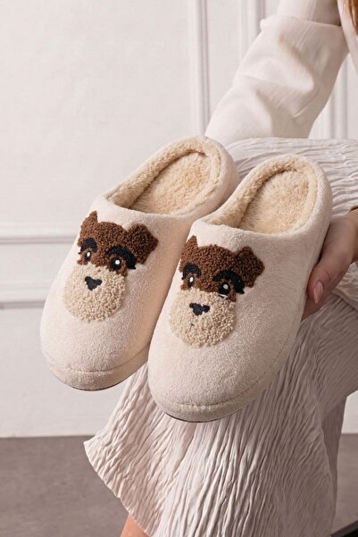 FUGA MODA Howy Beige Plush House Slippers with Dog Figure, Soft Inside, Winte...