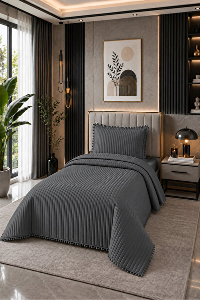 Bella Home Sofia Ponponlu Tek Kişilik Yatak Örtüsü Seti - 180x240 cm - Antrasit