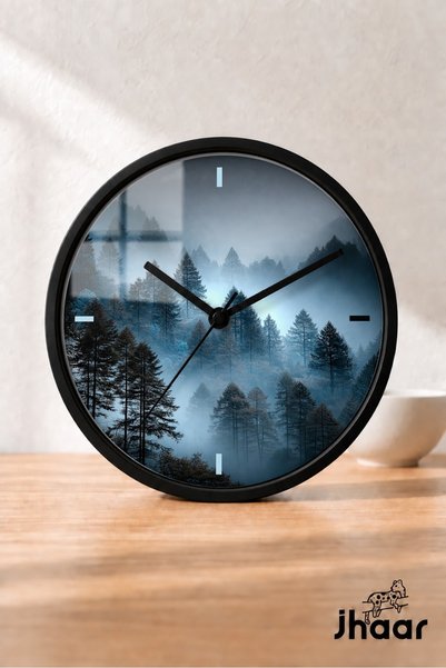 JHAAR Modern Wall Clock with View of Foggy Mountains and Forest - Medium Size...