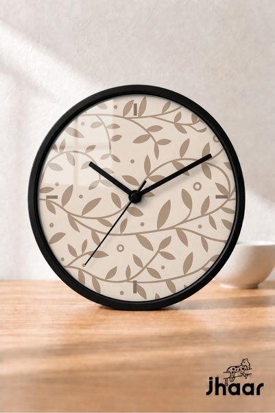 JHAAR Beige Modern Wall Clock with Botanical Leaves - Medium Size 30 cm - Bla...