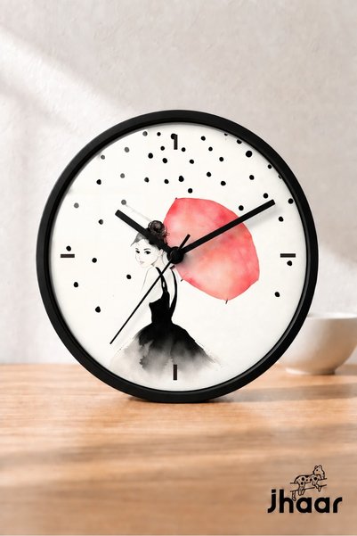 JHAAR Girl with Umbrella Modern Wall Clock - Medium Size 25 cm - Black Case -...