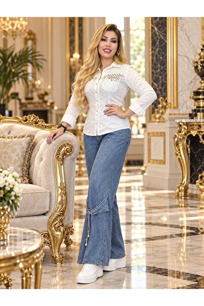 Yeşilmoda gömlek tek  taşlı işlemeli pamuklu kumaş yüksek kalite özel günler ...