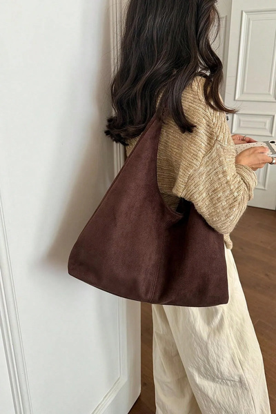 Housebags حقيبة تسوق عتيقة من جلد الغزال البني المزخرف 284
