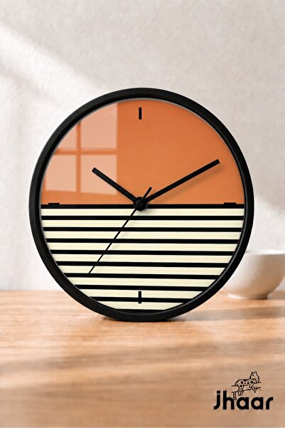 JHAAR Turuncu Çizgili Retro Modern Duvar Saati - Orta Boyut 30 cm - Siyah Kas...