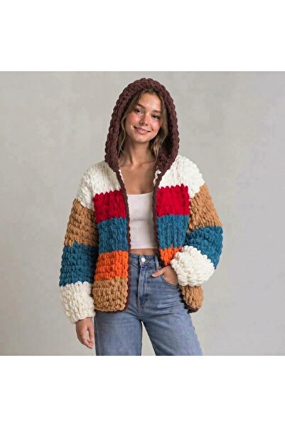 Muhteşem Concept Kapüşonlu El Örgüsü Puffy Retro Hırka Ceket Uzun Boy