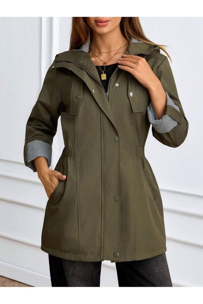 ladyzey Women's Khaki Hooded Elastic Waist Foldable Sleeve Lined Trench Coat