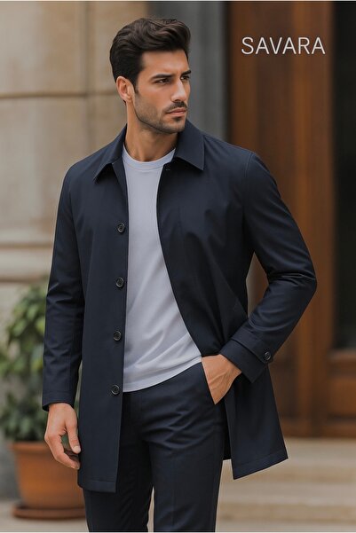 SAVARA Men's Navy Blue Regular Fit Trench Coat with Water Repellent Medium Si...