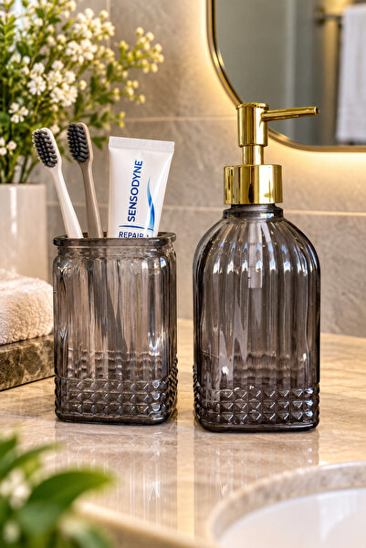 ANGDESİGN Bodrum 2Nd Glass Liquid Soap Dispenser & Glass Toothbrush Holder Sm...