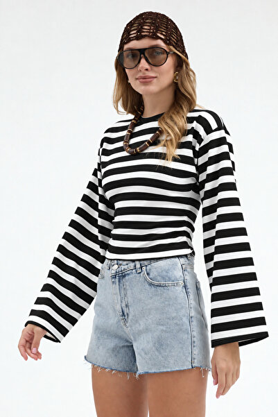 Rabi Shine Women's Wide Sleeves Circular Neck Striped Blouse