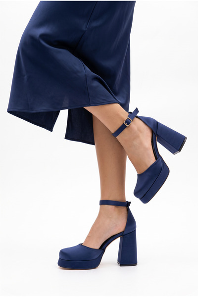 Shoesers Γυναικεία παπούτσια με τακούνι σε μπλε ναυτικό σατέν, παπούτσια νυφι...