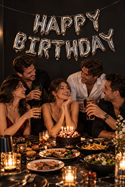 Parti dolabı Happy Birthday Gümüş Harf Folyo Balon Set