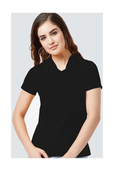 ROCKANDROLL Tricou negru simplu, fără imprimeu, cu glugă și mânecă scurtă pen...