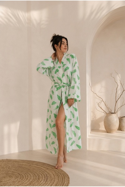 Packho Kadın Keten Sabahlık - Kuşaklı Uzun Kimono Ev Giyim - Yaprak Desenli J...