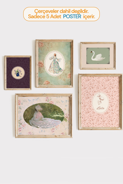 leilart Shabby Chic Tarzı Pastel Çiçek ve Figür Desenli 5'li Kombin Tablo Seti