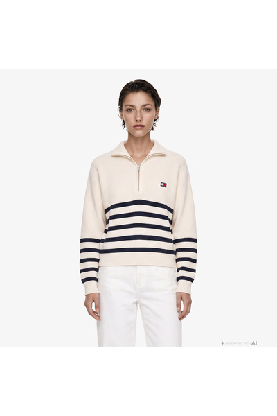 Tommy Hilfiger Quarter Zip Kadın Beyaz Triko