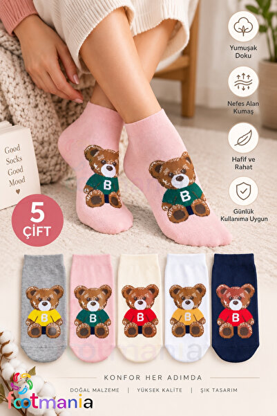footmania Kadın Pamuklu 5 Çift Teddy Bear Ayı Desenli Patik Çorap Penye Pamuk...