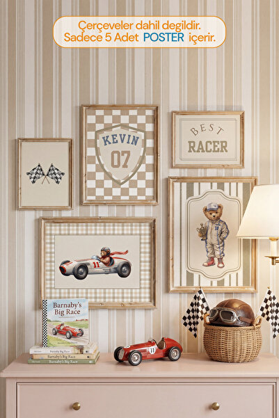 Kids Vintage Yarışcı Ayı araba temalı Çerçevesiz 5li Set