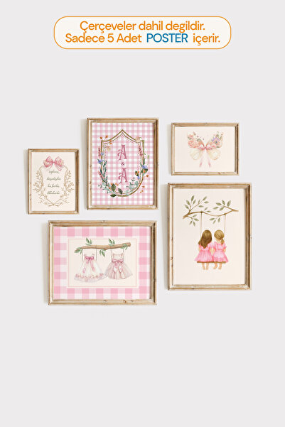 Kids İki KIZ Kardeş Temalı Vintage Çerçevesiz 5'li Set