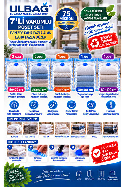 ÜLBAG 7'li Vakumlu Saklama Poşeti Seti-4 (YASTIK, ELBİSE, BATTANİYE, YORGAN) ...