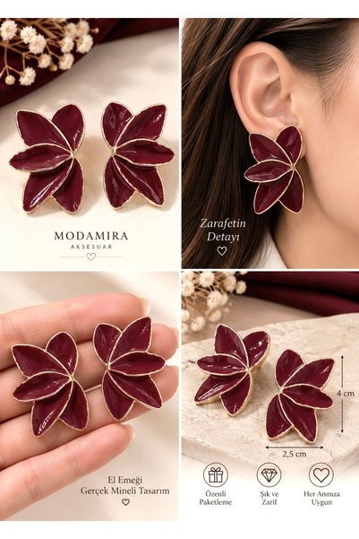 modamira Zara Model Yaprak Küpe | Renk Bordo | Boy: 4 cm - En : 2,5 cm