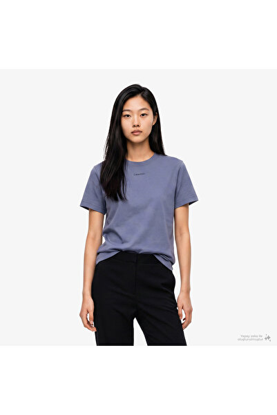 Calvin Klein Kadın Pamuklu Bisiklet Yaka Kısa Kollu Mavi T-Shirt