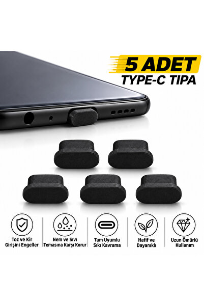 Premium Type-C Toz Tapası Seti - Telefon Şarj Girişi Koruyucu Esnek Tıpa (5 Adet)
