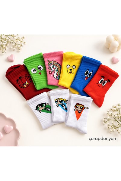 çorapdunyam Unısex 9'lu Seri Powerpuff Girls Renkli Karakterli Neşeli Kolej Tenis Çorap