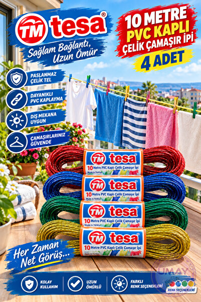 Tesa 10 Metre Pvc Kaplı Çelik Çamaşır Ipi 4 Adet
