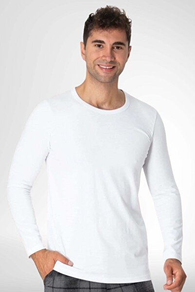 Mecit Pijama Ανδρικό μπλουζάκι Mecit 2850 White Crew με μακρυμάνικο Lycra βαμ...