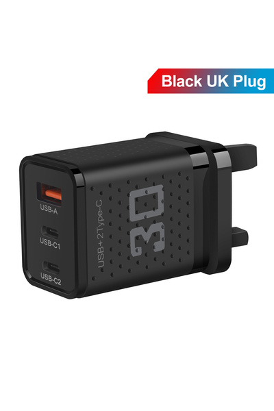 Choice شاحن USB من النوع C أسود بريطاني 30 وات 3 منافذ شاحن هاتف سريع الشحن ل...