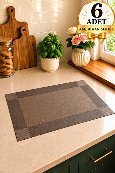 Pinkev 6 Kişilik Kahverengi Renk PVC Amerikan Servis Supla Seti - 30x45cm