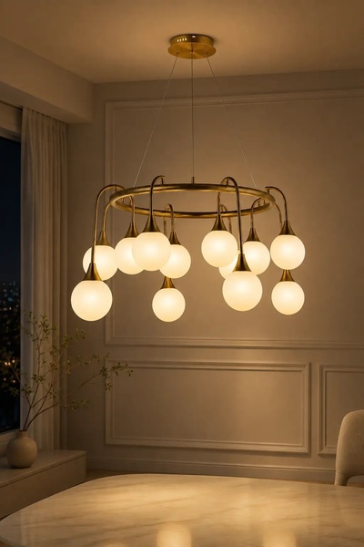 Elvora Home Eskitme (PREMİUM) Gold 15 Opal Küreli LED Avize Salon Yemek Odası...