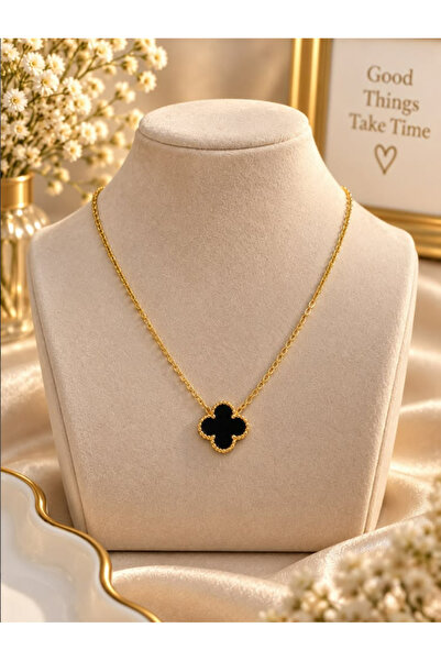 Alışveriş Kasabası Black Steel Zircon Single Clover Necklace