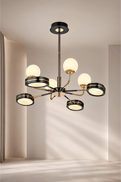 Elvora Home 8'li Modern PREMİUM Siyah Gold 3 Renkli LEDli Sarkıt Avizesi Salo...