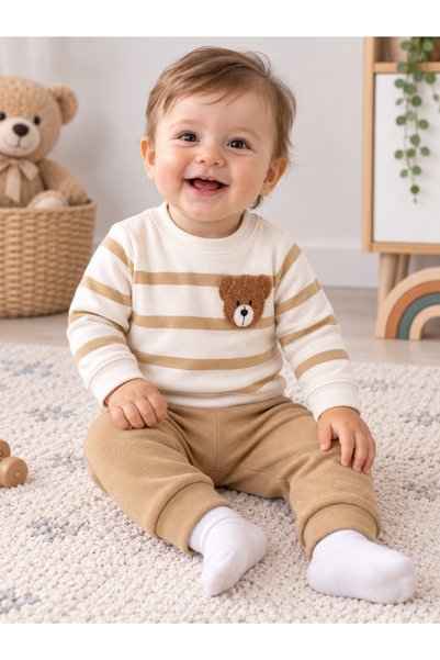 nikuby Striped Teddy Bear Patterned Baby Top and Bottom Set