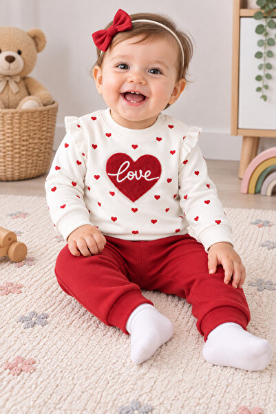 nikuby Red Color Love Themed Baby Top and Bottom Set