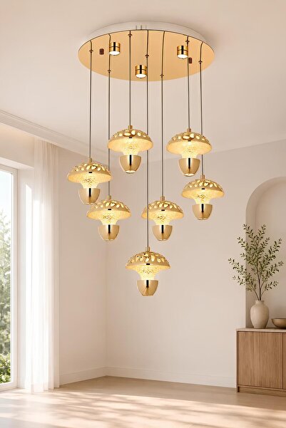 Elvora Home 7'li Modern (PREMİUM) Gold 3 Renkli LEDli Sarkıt Avizesi Salon Mu...