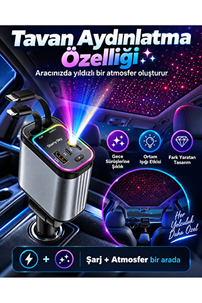 EN SİGA QC3.0 66W PD Hızlı Şarjlı Araç Şarj Cihazı Yıldızlı Tavan Ambiyans Işıklı Çoklu Şarj Adaptörü