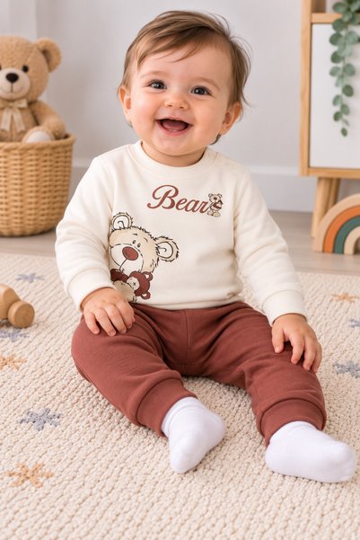 nikuby Baby Top and Bottom Set with Bear Print on the Front and Back