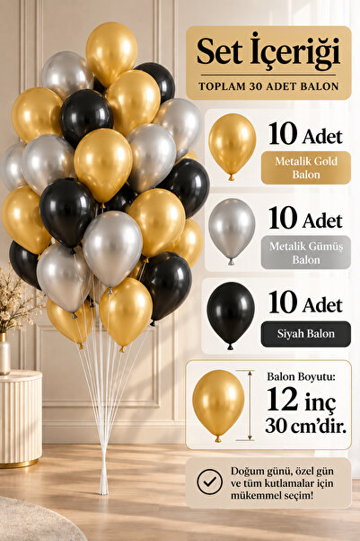 Parti dolabı 30 units. Silver, gold, black Metallic Pearlescent Balloon