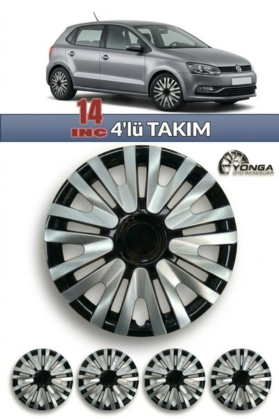YONGA OTO AKSESUAR VOLKSWAGEN POLO 14 İnç Jant Kapağı 4'lü Set Siyah Gümüş + 4 Amblem + 8 Cırt Kelepçe