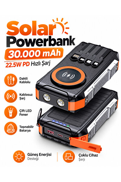 EN SİGA Solar Powerbank 30.000 mAh 22.5W PD Hızlı Şarj Dahili Kablolu Çift LE...