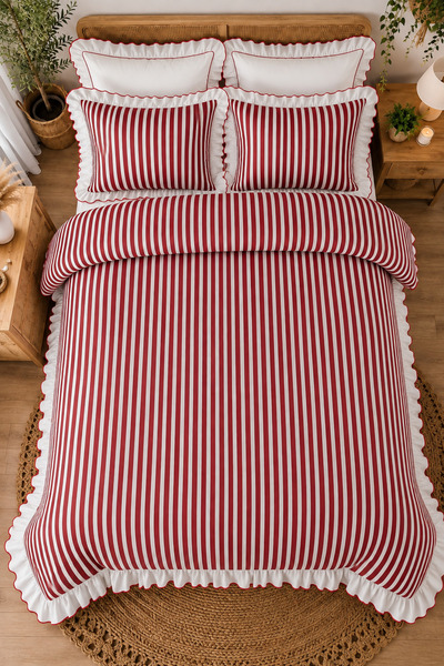 Ganita home طقم غطاء لحاف مزدوج مخطط ومزين بكشكشة |   200 × 220 سم