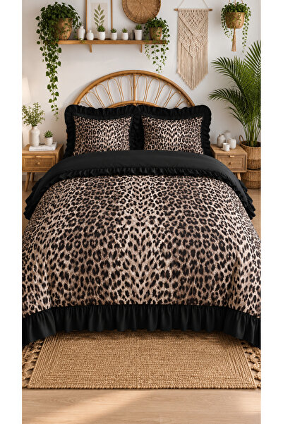 Ganita home Leopar Fırfırlı Çift Kişilik Nevresim Takım | 200 x 220 cm