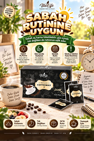 İlla Life Yumuşak İçimli Fit Detox Diyet Tokluk Desteği Enerji ve Zindelik Şekersiz Bitkisel Reishi Moringa Kırmızı Ginseng Propolis B6 ve B12 Tok Tutan Hızlı Etkili Coffeemax Kore Form Kahvesi 24'lü Kutu
