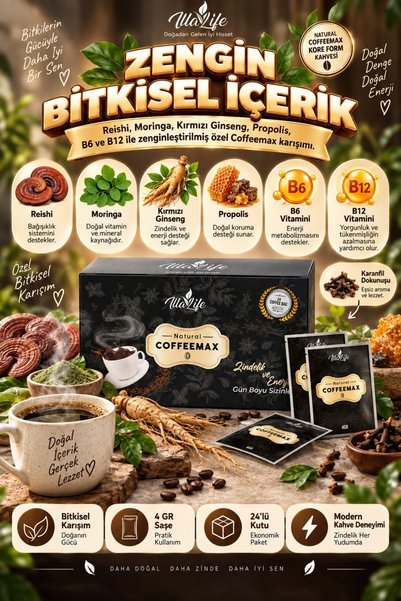 İlla Life Yumuşak İçimli Fit Detox Diyet Tokluk Desteği Enerji ve Zindelik Şekersiz Bitkisel Reishi Moringa Kırmızı Ginseng Propolis B6 ve B12 Tok Tutan Hızlı Etkili Coffeemax Kore Form Kahvesi 24'lü Kutu