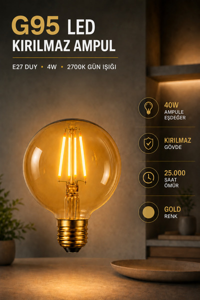 JUTUAL DEKOR Rustik LED Kırılmaz Ampul G95 Glop E27 4W 2700K Sıcak Işık Gold ...