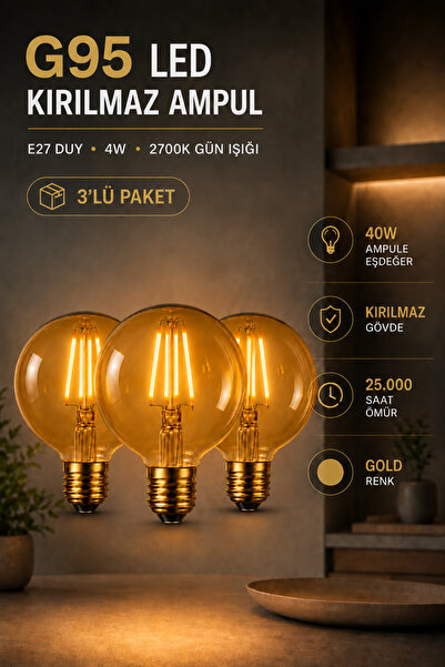 JUTUAL DEKOR 3'lü Rustik LED Kırılmaz Ampul G95 Glop E27 4W 2700K Sıcak Işık ...