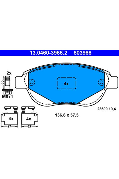 Ate Σετ τακάκια φρένων, δισκόφρενα 13.0460-3966.2 Citron C3 I/C4 I/C4 I Sedan...
