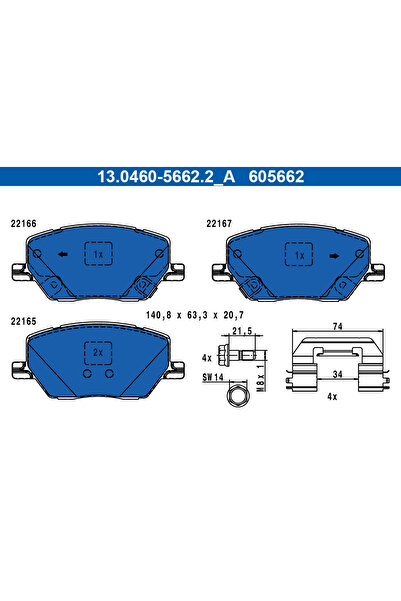 Ate Σετ τακάκια φρένων, δισκόφρενο 13.0460-5662.2 Fiat 500X Jeep Compass/Rene...